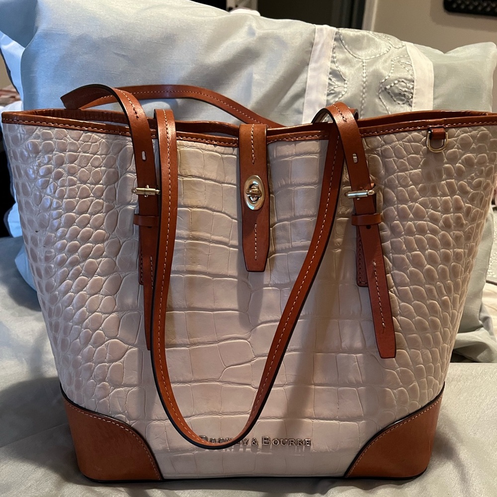 Dooney & Bourke Croc-Embossed Cream and Brown Tote